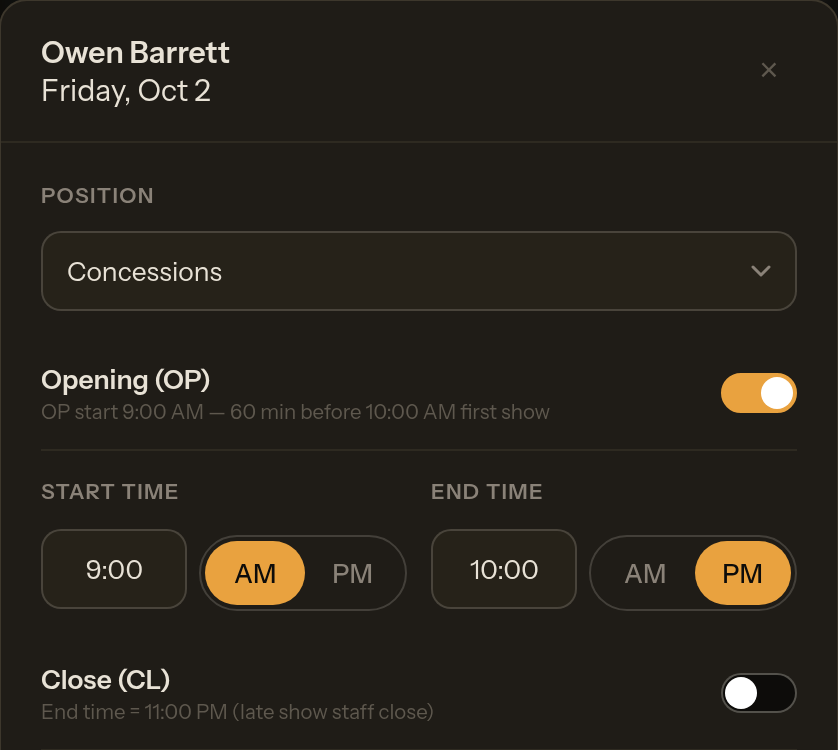 The shift editor for Owen Barrett on Friday, Oct 2. Opening is switched on, so the start time reads 9:00 AM, 60 minutes before the 10:00 AM first show.